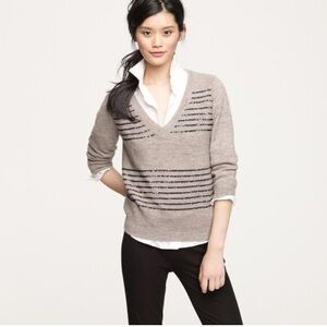 J.Crew Beige and Black Striped V-Neck Sweater